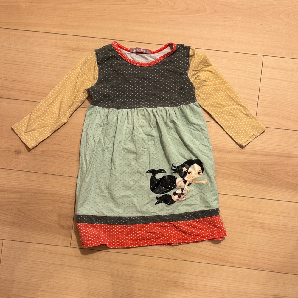 Jelly The Pug Girls Polka Dot Mermaid Panel Dress in Mint, Yellow & Red